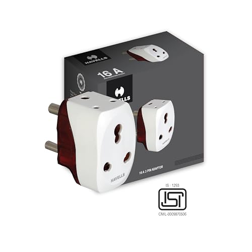Image of Havells 6A /16A, 240V AC 3 Pin Nickel Plated Brass Adaptor for Regular Use,Flame Retardant, UV Stabilized for Safety Assurance During Fire Catching, Photo Degradation and Physical Destruction., White
