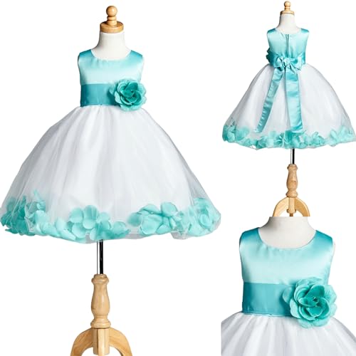 Color Satin Top Rose Petal Tulle Flower Girl Birthday Dress Wedding