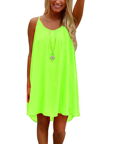 Minetom Femmes Été Casual Charmant Plage Mousseline sans Manches Robes Cocktail Tunique Lâche Asymétrique Mini Dress Vert Fluo FR 42