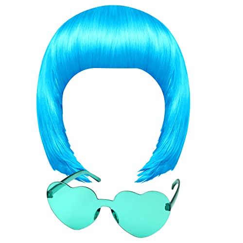 MIAHART Light Blue Short Bob Wig and Sunglass Set Neon Colored Wigs Colorful Cosplay Daily Party Hairpieces for Bachelorette Neon Party Favors Halloween Decorations Supplies