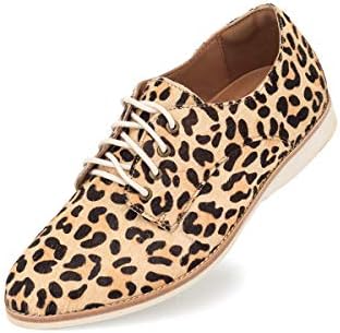 Rollie Women's Derby Camel Leopard Print, Spots Haircalf Oxfords Brown Flat Shoes for Women with Laces, Size 5 US / 36 EU