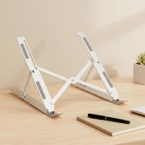 Image of 7 Angles Adjustable Aluminum Ergonomic Foldable Portable Tabletop Laptop Stand Riser Holder Compatible with HP, Dell, MacBook, Lenovo & All Other Notebook Silver