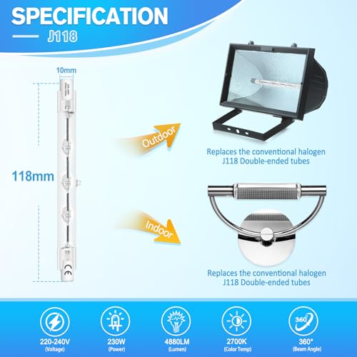 R7s Halogen Light Bulbs Dimmable, 118mm 230W Linear Bulbs for Lamps 2700K Warm White J118 Security Light Bulb, Pack of 6 - Image 2