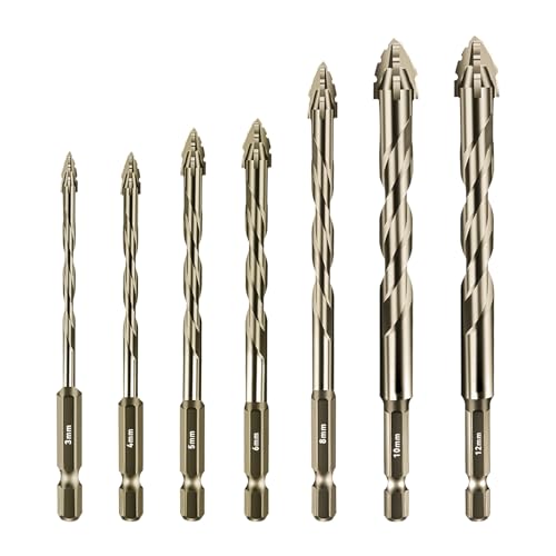 Four-Flute Sawtooth Eccentric Drill Bit, Multifunction Drill Bit Set High Hardness Skewed Head Eccentric Drill (Yellow,7PC: 3/4/5/6/8/10/12MM)