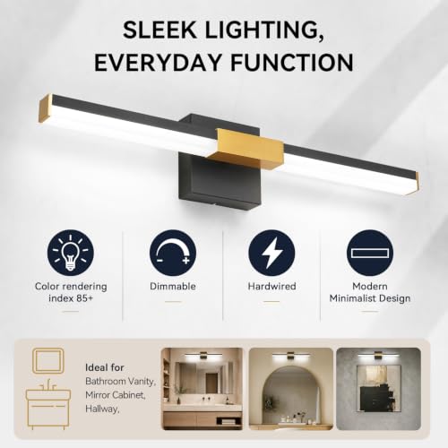 Image of SOLFART Vanity Lights for Bathroom Dimmable: Black and Gold 24-Inch Built-in Step Dimming Bathroom Light Fixtures Over Mirror ETL IP44