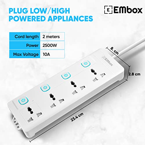 EMBOX 10A Extension Board with Individual Switch 4 Sockets-Spike Guard with 3 Meter Cable-Power Strip Extension Cord with Safety Shutter and... - Image 6