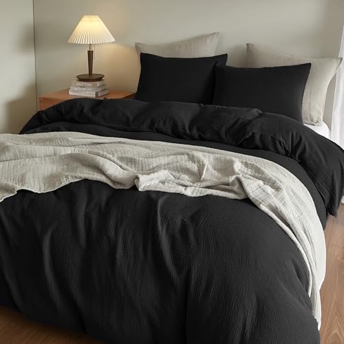SE SOFTEXLY Muslin Duvet Cover Queen Size, 100% Washed Cotton Duvet Cover Set, Ultra Soft Comforter Cover Linen Like, 3 Pieces Minimalist Gauze Duvet Cover with 2 Pillowcases, 90"x90", Black