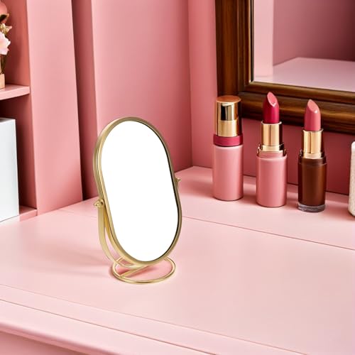 Miroir de bureau doré ovale rotatif à 360° en métal stable petit format