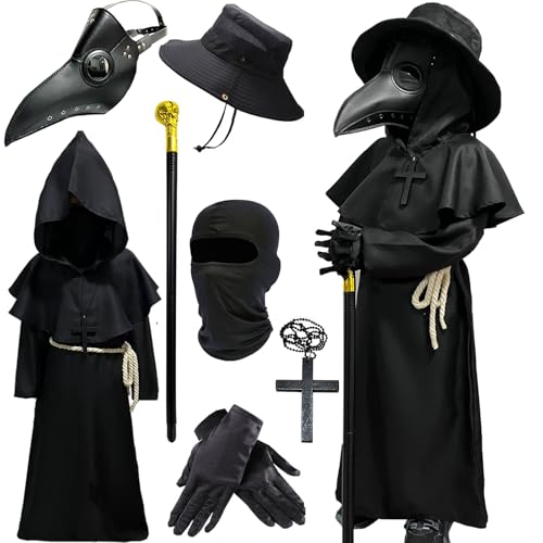 Wakejoy Plague Doctor Costume for Kids 7 in 1 Set Halloween Costumes for Boys Girls Halloween Outfit (Medium-130)