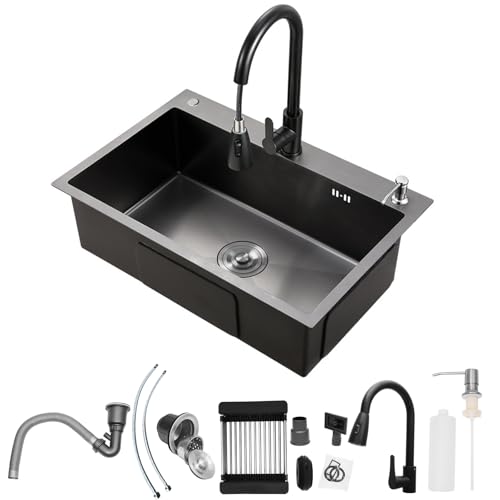 Dnkelar Lavello da cucina nero 68 x 45 cm, lavello da cucina in acciaio inox, 1 lavandino da incasso, con dispenser di sapone+set di scarico+rubinetto+scolapiatto, Kitchen Sink (nero)