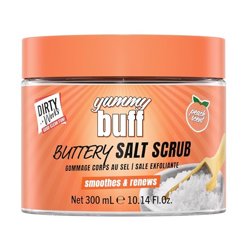 Dirty Works Yummy Buff Salt Scrub - Exfoliating Body Polish Smoother Skin Gentle Buffing Deep Cleanse Renewing Luxurious Treat - 300ml
