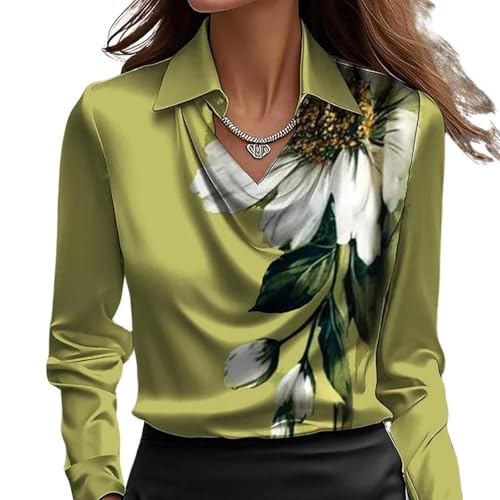 Elegante blusa de satén con cuello drapeado para mujer, manga larga fruncida para oficina, blusa de seda de verano, Estampado verde., XXL