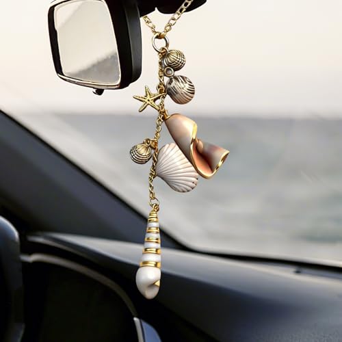Image of Sea Shells Car Decor, Boho Beach-Themed Hanging Charm for Rear View Mirror, Cute Coastal Starfish & Conchas Aesthetic Ornament Pendant for Women