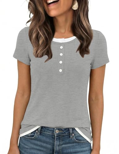 Wayleb Damen T Shirt Casual Rundhals Kurzarm Mit Zierknöpfen Lockeres Alltag Oberteil Sommer Top, Hellgrau XXL