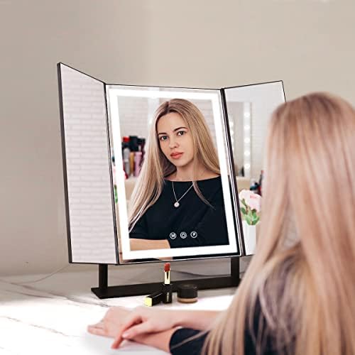 FENCHILIN Vanity Mirror with Lights Strip Tri-fold Makeup Mirror 360 Degree Rotation Lighted Tabletop Mirror with Type C Charging Touch Screen Countertop Cosmetic Mirror (Black)