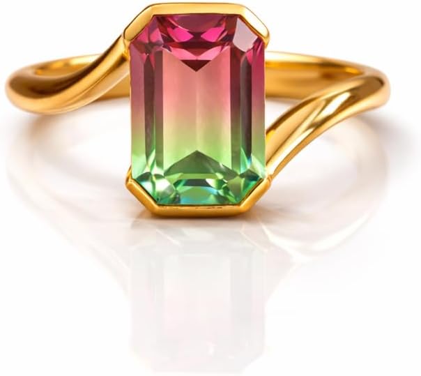 14K Yellow Gold Emerald Cut Watermelon Tourmaline Ring Bezel Set Solitaire Engagement Ring Minimalist Bridal Proposal Promise Jewelry Gift for Women