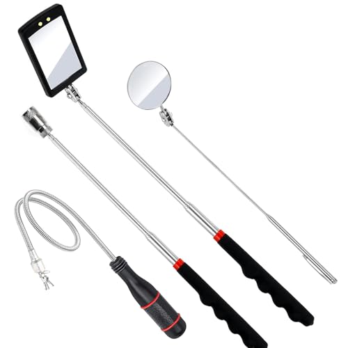 JinRui-T 4PCS Telescopic Inspection Mirror,Flexible Magnetic Pick-Up Tool,Portable Round 360 Degree Rotating LED Inspection Mirror Pick Up Rod Flashlight and Round/Square Inspection Mirror