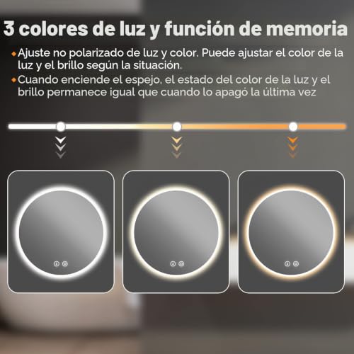 Miniatura 3 de Yoleo Espejo De Baño Redondo Con Luz Led Regulable En 3 Colores, Espejo De Baño De 60 X 60 Cm Con Interruptor Táctil Y Función Antivaho, 6400 K