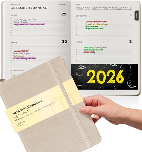Terminplaner 2026 A5 Leinen Kalender 2026 Buchkalender Wochenplaner für Termine & Organisation Planer Minimalist Praktischer Terminkalender Jan - Dez 2026 mit Deutschen Feiertagen