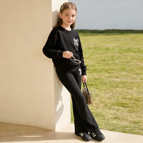 Image of Tween Girls Clothes Long Sleeve Graphic Sweatshirt Top + Bow Knot Pants 2 Piece Outfit Set, Size 7-16Years