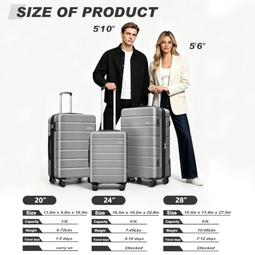 Image of KEYTANG 3-Piece Hardshell Luggage Set(20 /24 /28), Lightweight Expandable Suitcase with TSA Lock and Double Spinner Wheels, 20% Expansion for Extra Packing, Carry-On and Checked Bags, Silver