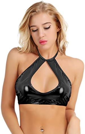 FEESHOW Women's Shiny Metallic Leather Crop Tops Halter Bikini Tank Crop Top