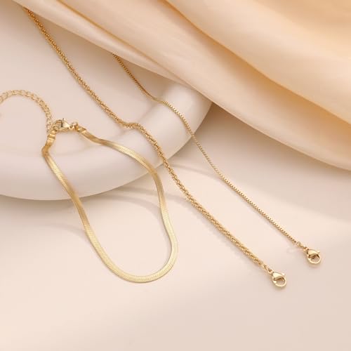 CHESKY Gold Ankle Bracelets for Women, 14k Gold Plated/Sterling Silver Anklet Bracelet Set Layered Glitter Box Paperclip Figaro Cuban Link Anklets for Women, Waterproof Summer Gold Jewelry Gifts