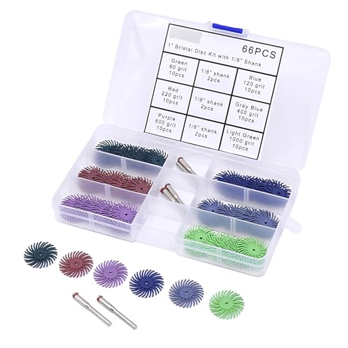 DBOO - DBOO 66Pcs 1 Inch Radial Bristle Disc Kit with 1/8" 3 mm Shank Mixed Grit 80# 120# 220# 400# 600# 1000# Abrasive Brush Gap Polishing Pad Buffing Wheel Assortment Kit for Rotary Tool