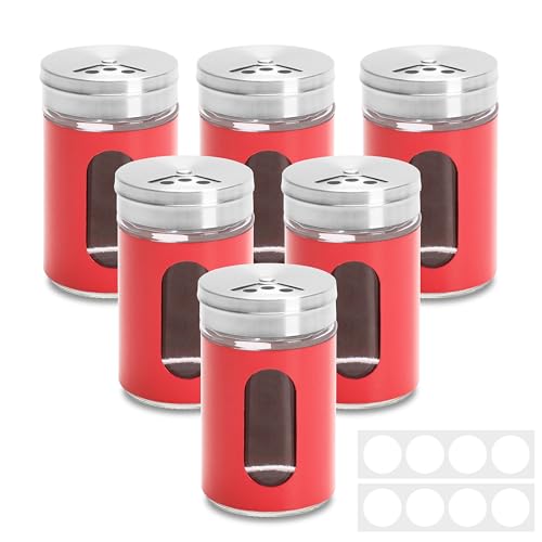 YACEYACE 3oz Red Sugar Shaker with Lids, 6Pcs Small Seasoning Shaker Set, Small Salt Shakers with Label, Salt and Spice Shaker with Holes for Kitchen
