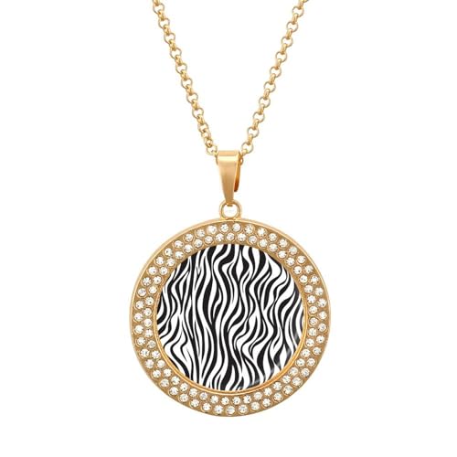 Image of Zebra Skin Pattern Necklaces for Women Lightweight Drop Round Pendant Gold Sliver Chain Diamond Bezel Jewelry Gift Golden-style