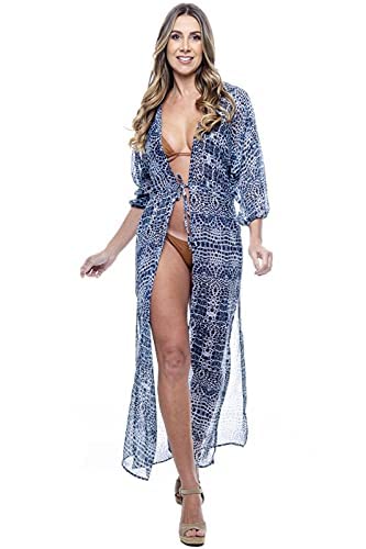 Vestido Saida Longa Fendas Mangas Bufantes Decote V Estampado Onça Azul Tam:Único