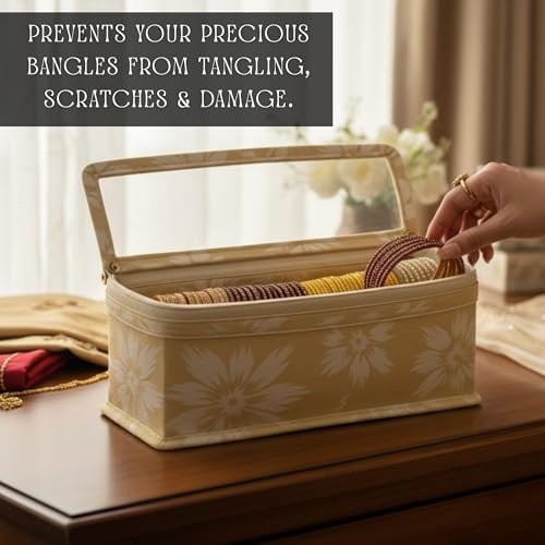 Image of PVC Single-Rod Floral Bangle Organizer Box for Women | Jewellery Bangle Storage Case for Chudi, Kada & Accessories, Bangle Holder Pouch | Beige | Pack of 2