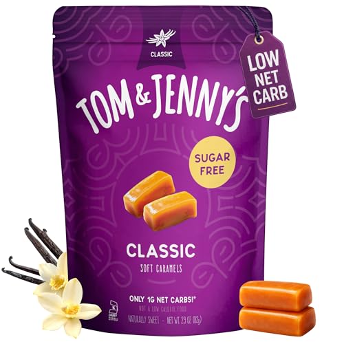 Tom & Jenny's Sugar Free Caramel - Individually Wrapped Sugar Free Candy - Zero Sugar Keto Caramels (Sea Salt & Vanilla Classic Chewy Caramel)