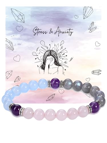 Image of Jovivi Crystal Anxiety Bracelet for Women Ladies Healing Stress Relief Aquamarine Rose Quartz Labradorite Gemstone Natural Stone Bead Bracelets for Womens Birthday Jewellery Gifts for Women Mum Her