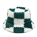 Winter Plaid Bucket Hat Faux Fur Fluffy Plush Fisherman Cap for Women Men Teens Girls Warm Cloche Ha