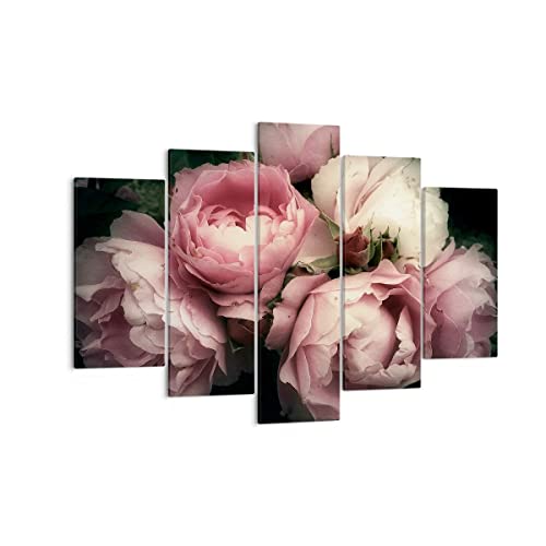 Moderne Impression sur Toile 150x100cm Image Tableau Decoration Murale pivoine fleur Grand Tableaux Decoratifs Muraux Chambre Triptyque 5 parties Deco Cadre...