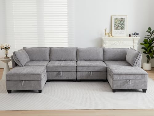 Image of ORRD Oversize Modular Sectional Sofa Set, Convertible U Shaped Couch with Storage, 6 Seater Sofa Modular with Ottomans and Reversible Chaise for Living Room, Office (Grey)