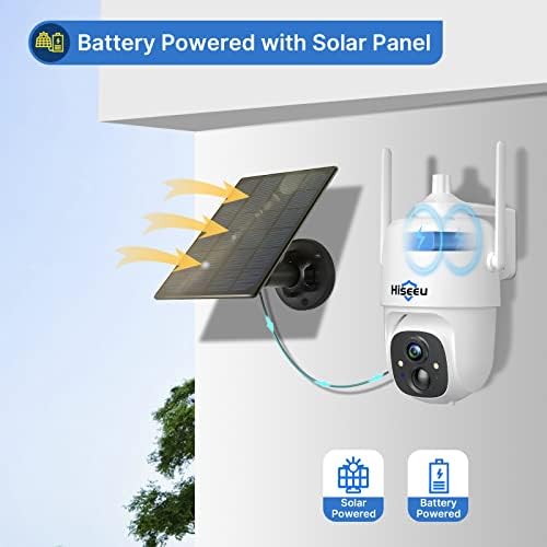 Hiseeu 2K Battery Powered Wireless Security Camera Outdoor with Color Night Vision,360° WiFi PTZ Camera with Solar Panel,PIR Motion Detection,Siren Alarm,Two-Way Audio SD/Cloud Storage