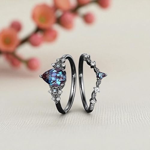 Black Gold Pear Cut Alexandrite Engagement Ring Set, Witchy Rhodium Black Promise Gifts, Gothic Black Wedding Personalized Ring Bridal Set4