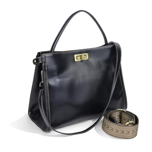 FLOBLURA Genuine Leather handbags for women Convertible leather crossbody bags for women Vintage style top handle real leather purses for women satchel Black