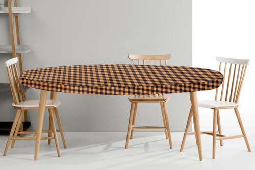 Image of The Furnishing Tree Elastic Oval Dining Table Cover WxL 35x63 in Inches Polyester Checkered Pattern Brown