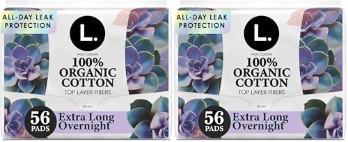 Image of L. Extra Long Maxi Pads for Women, Overnight Absorbency, Organic Cotton Top Layer, Unscented Pads with Wings, 56 Count (Pack of 2)