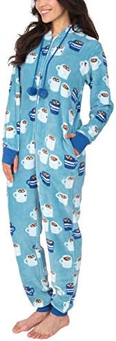 Munki Munki Ladies Hooded Fleece Onesie with Pockets, One-Piece Pajama (M, Aqua Blue/Cocoa Cups)