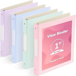 SortRax 1 Inch Binders 3 Ring, 4 Pack Cute Pastel Binders, Built Stronger with Safer Edges, Lightweight, Clear View Cover with Inside Pockets, School Office Supplies