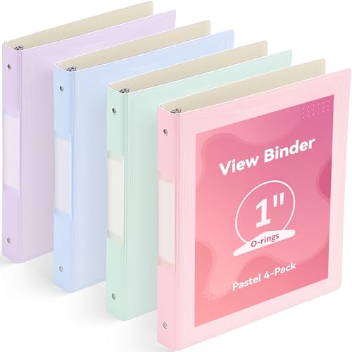SortRax 1 Inch Binders 3 Ring, 4 Pack Cute Pastel Binders, Built Stronger with Safer Edges, Lightweight, Clear View Cover with Inside Pockets, School Office Supplies