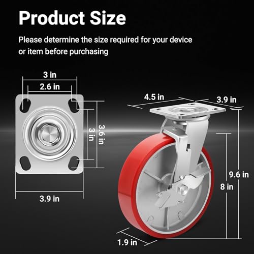 Image of Nefish 8 Inch Heavy Duty Industrial Grade Casters Wheels, Aluminum Core PU Castor Set of 4, Durable Plate Swivel Casters with Brake 6000 LBS, Anti-Corrosion Wheels for Industrial, Equipment