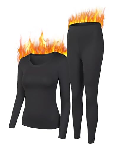 YADIFEN Thermals for Women Thermal Underwear Set Ultra Soft Base Layers Warm Ladies Long Sleeve Tops & Long Johns Fleece Lined Leggings For Winter,Ski,Indoor,Outdoor Black