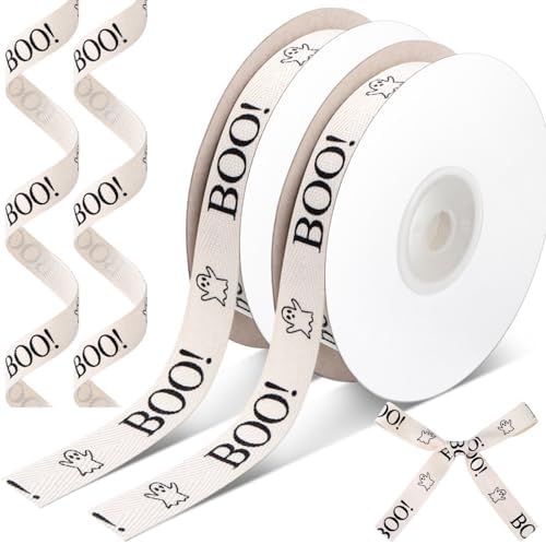 Wavwavw 20 Yards Summer Halloween Ghost Boo Ribbon, Natural 5/8 Inch 100% Cotton Herringbone Twill Fabric Ribbon Halloween Decorations for Boo Basket Crafts Gift Wrapping, 2 Rolls