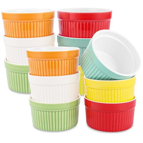 LDXDRU Lot de 12 ramequins à soufflé en céramique - Passent au four - 200 ml - Pour crème brûlée - Pour la cuisson et le dressage - Mini ramequins en porcelaine multicolore pour desserts, muffins,
