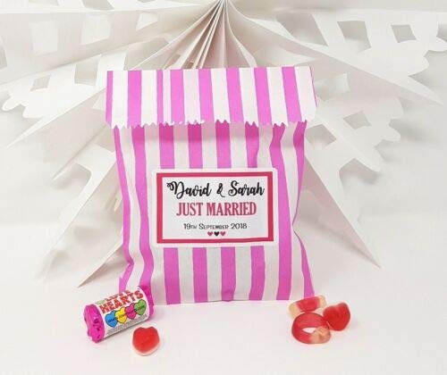 Treasured Forever Personalised Wedding Favour Sweet Bags Birthday Candy Cart Striped Polka Dots | Pink Strips - Just Married | 100